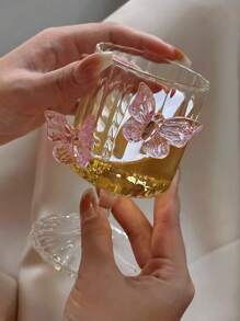1pc Pink Butterfly Stemless Glass Cup, Ins-Style Elegant Glass Cup For Juice, Coffee, Milk