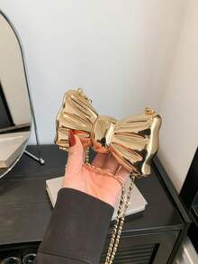 Mini Bow Decor Metallic Lipstick Holder Bag, Versatile Handbag Shoulder Crossbody Chain Bag - Gold - View 1