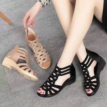 2025 New Soft Leather Roman Style Sandals For Women, Fashionable Mom Shoes Soft Bottom Wedge Heeled Summer Ladies Sandals