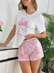 Conjunto de pijama con estampado de conejo de mujer, top de manga corta y pantalones cortos, ropa de estar por casa suave y cómoda