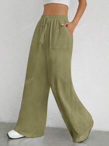 Set de 2 pantalones palazzo casuales, pantalones anchos de cintura con cordón, sólidos y estilizadores