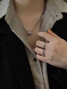 Set de 3 anillos retro simples de uso múltiple con números romanos desgastados, anillos de dedo de estilo hip hop a la moda y de banda abierta para mujeres estudiantes - Multicolor - Ver 8