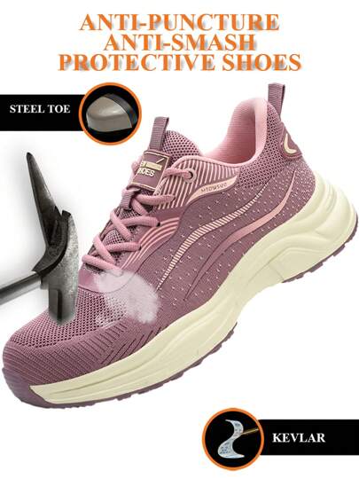 Damskie różowe letnie buty robocze, lekkie, oddychające, miękkie i wygodne trampki robocze, antypoślizgowe, antyprzebiciowe, odporne na zużycie buty ze stalowym noskiem, dzianinowe buty sportowe z podeszwą amortyzującą do uprawiania turystyki pieszej, alpinizmu, codziennych napraw i prac ogrodniczych Trener bezpieczeństwa Trener ze stalowym noskiem Trampki robocze