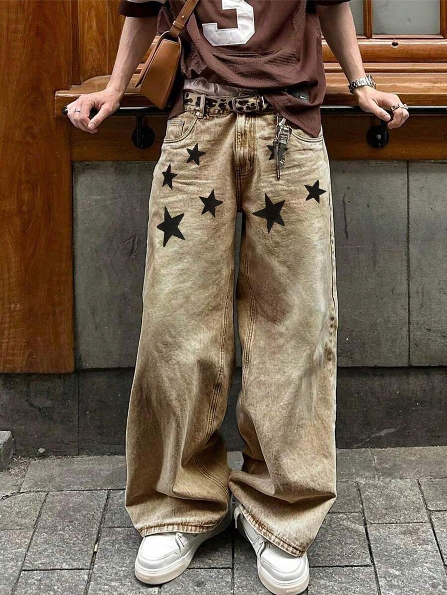 Fashionable Casual Straight Loose Wide-Leg Streetwear Athletic College Star Pattern Pocket Men's Denim Jeans - Khaki - View 1