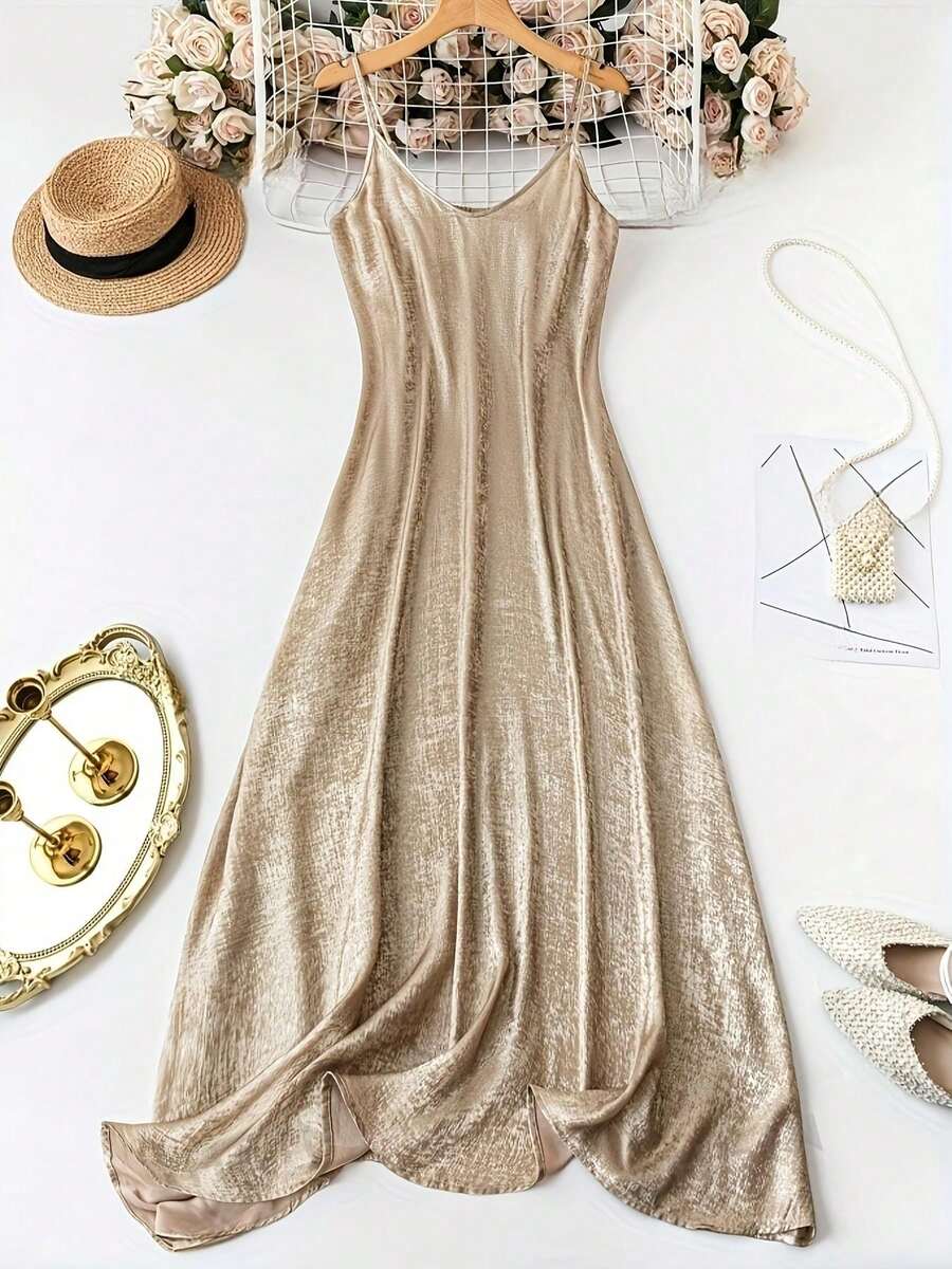 فستان ماكسي أنيق بلا أكمام لحجم كبير من المرأة، تصميم خصر على شكل A، قماش بوليستر منسوج، حمالات رفيعة، فستان ماكسي كاجوال للاستخدام في العطلات الصيفية