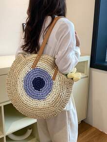 1 件新款度假风格撞色编织手提包，大容量沙滩包，单肩包，适合旅行和度假，可折叠且轻便