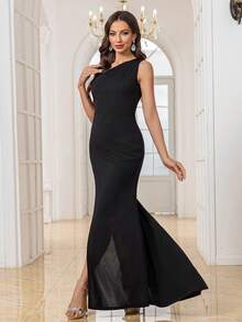 Robe de mariée noire asymétrique nouvelle de CHOSMO, robe de soirée longue élégante et luxueuse avec encolure asymétrique, sans bretelles, dos nu, taille haute ajustée, robe de cérémonie pour femme, robe de fête, robe d'invitée de mariage, robe de soirée, robe longue - Noir - Voir 4