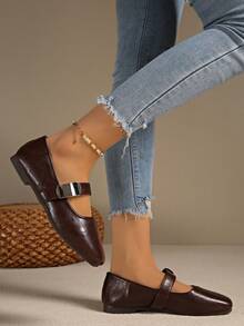 2025 New Solid Color Buckle Casual Flats, Lightweight, Breathable, Minimalist, Women Shoes - Brown - View 4