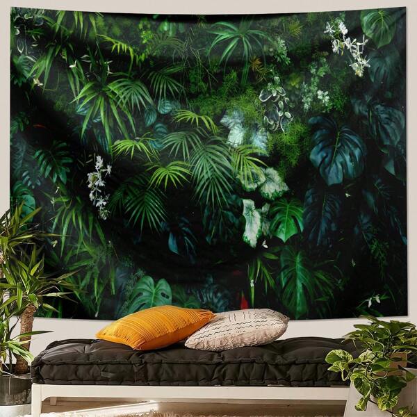 1pc Green Plant Hanging Tapestry, Background Decor, Wall Decor, Polyester Tapestry, Living Room, Bedroom, Office Wall Decoration, College Dorm, Home Decor, Party Decor, Printed Rectangular Kitchen Wall Hanging Fabric With Draping Effect, Comes With 3 Wall Nails And 2 Clips