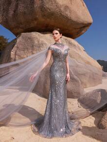 DELLA COUTURE Women's Grey Full Pearl Decorated Evening Gown, Mermaid Silhouette Long Dress, Romantic Sexy Elegant Fashion, Flowing Shawl Design, Suitable For Parties, Galas, Weddings And Other Formal Occasions, Maxi Cocktail Dress, Wedding Guest Dress, Party Dress - Grey - View 2