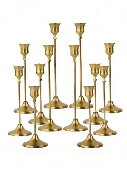 12 件黄铜金色金属锥形烛台，复古现代装饰烛台，适用于壁炉、婚礼、圣诞派对、乔迁礼物 - 金属烛台适用于餐桌装饰、摄影道具、周年纪念、家居和酒店装饰、生日礼物，适合圣诞节、万圣节、复活节、感恩节（不含蜡烛）