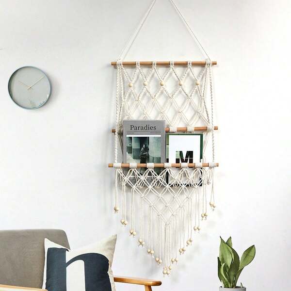 1pc Boho Handwoven Wall Hanging Storage Net Bag, Simple Decor Organizer For Books, Toys, With Wooden Stick & Tassels, Suspension