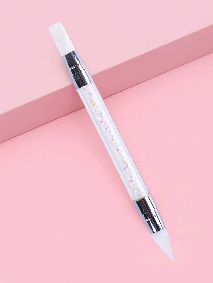 1pc Double-Ended Acrylic Nail Art Brush, 1pc Silicone Acrylic Nail Art Brush, Rhinestone Handle Double-Headed Nail Art Pen, Suitable For Nail Art Design, Foil Carving, Painting And 3D Shaping, Can Be Used At Home And Professional Nail Salons - White - View 1
