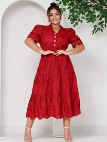 Women's Fashion Midi Dress In 3D Laise Fabric With Elastex On The Back And Button On The Front And Lining - 深紅色 - 查看 2