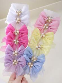 14pcs/Set Girls Rhinestone & Pearl Flower Solid Color Mesh Bow Hair Clips, Simple Princess Cute Hair Accessories, Daily Use - Multicolor - View 3