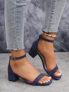 女士方头绑带凉鞋，纯色哥特波西米亚风优雅时尚休闲夜店风面料荷叶边/褶边高跟凉鞋，适合办公室、居家、户外、婚礼、节日、夏季等场合。 - 藏蓝色 - 查看 5