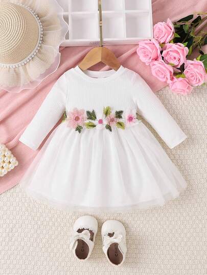 Toddler Girls' Elegant Floral Mesh Patchwork Long Sleeve Dress, Summer