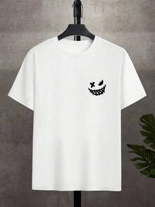 Camiseta de verano de cuello redondo de manga corta con cara sonriente de moda casual gótica para hombres - Blanco - Ver 3