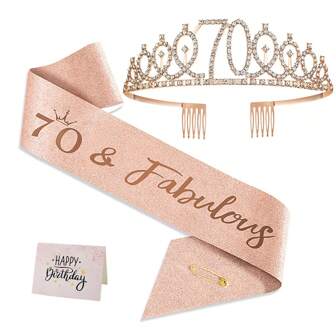 女性70歲生日派對裝飾,包括70歲生日皇冠、紀念腰帶和禮物想法