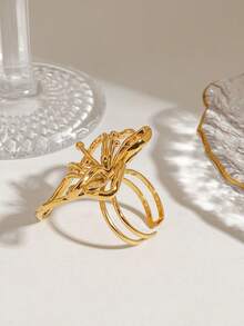 Uworld 1 件女式不锈钢简约线条花朵锤纹开口戒指，适合日常、装饰、派对和旅行 - 錘紋花朵耳環 - 查看 3