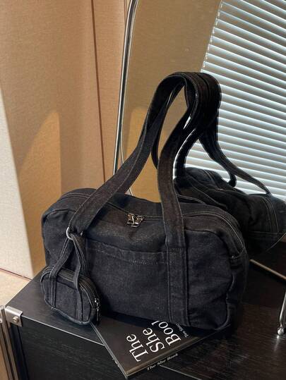 2个装休闲纯色大容量牛仔单肩包，带挂式钱包，时尚简约通勤腋下包，多功能手提包，完美契合牛仔女孩风格