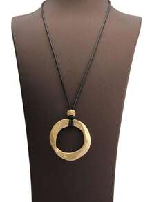 1pc Minimalist Oversized Golden Circle Asymmetrical Geometric Pendant Necklace With Multilayer Black Wax Cord Long Chain, Stylish Luxury Gift For Girlfriend Or Mother