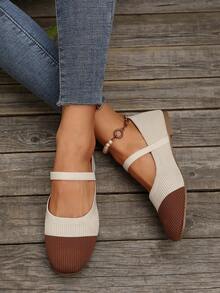 2025 Autumn Women Casual Soft Bottom Square Toe Elastic Band Color Block Flats, Suitable For Indoor And Outdoor Wear,Ballet Flats - Beige - View 5