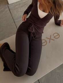 Yoga Sets Y2k Two Piece Workout Sets For Women Casual Solid Color Long Sleeve Workout Tops Cross Wrap Tie Deep V Neck Bandage Surplice Wrap Crop Top T Shirt And Elastic Flare Pants Set Skinny Bell Bottom Leggings Fitness Gym Athletic Sportswear Dance Ball - Coffee Brown - View 10