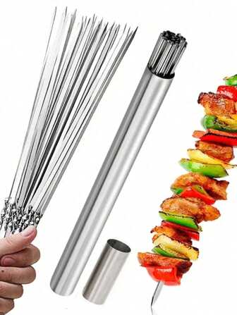 20 Pieces Of 304 Stainless Steel Skewers Include 1 Cylindrical Storage Box, Choice Set, Anti-Slip, Insulated, , Reusable Barbecue Skewers, Suitable For Barbecue, Barbecue Skewers, Camping, Flat Fork, Small Tools, Family Gatherings, Outdoor Camping, Picnics, Cooking, Barbecue Tools, Accessories, Commercial Barbecue Skewers, Children's Parties, Suitable For Home And Commercial Use