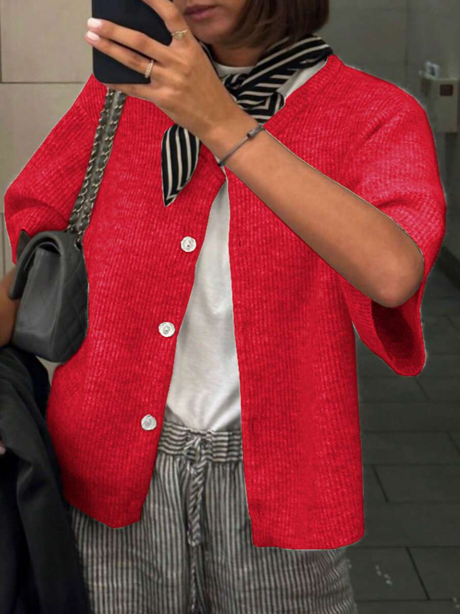 Women Summer Y2k Button Down Sweater Knitted Cropped Cardigan Shirt Blouse Short Sleeve Ribbed Knit Crop Top Open Front Knitwear Tops Lightweight Outwear Top Tee Shirt Going Out Knit Tops Pullover Tops Streetwear Fall Spring Clothes - Đỏ - Xem 1