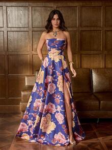 Faeriesty 印花优雅春夏花卉抹胸长裙，高开衩侧裙 - 非常适合红毯庆典、婚礼、高档晚宴、舞会和艺术画廊活动