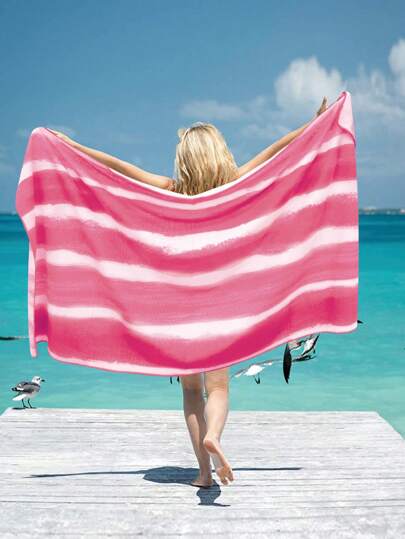 1pc Oversized Multi-Size Blue, Navy, Pink, Light Gray Watercolor Stripe Super Soft Absorbent Microfiber Beach Towel, Essential For Bathroom, Vacation, Beach, Pool, Gym, Multipurpose Summer Travel, Vacation Holiday Bathroom Decor Beach Essentials