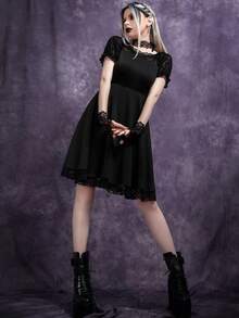 Lace Patchwork Short Sleeve Dress With Ruffle Trim