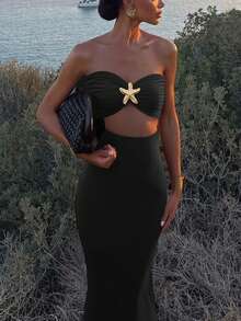 女士性感镂空抹胸海星金属装饰紧身连衣裙，露背Y2K优雅晚宴派对婚礼宾客鸡尾酒礼服，别致镂空设计连衣裙，春夏秋季 - 黑色 - 查看 4