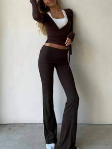 Yoga Sets Y2k Two Piece Workout Sets For Women Casual Solid Color Long Sleeve Workout Tops Cross Wrap Tie Deep V Neck Bandage Surplice Wrap Crop Top T Shirt And Elastic Flare Pants Set Skinny Bell Bottom Leggings Fitness Gym Athletic Sportswear Dance Ball - Coffee Brown - View 2