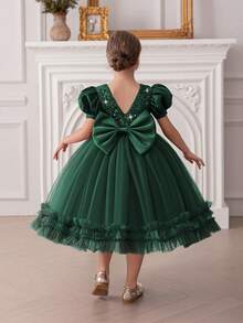 Young Girl Green Sequin Bow Puff Sleeve Mesh Tulle Party Dress, Elegant Princess Dress Suitable For Girls Birthday Party, Wedding Flower Girl, School Performance, Prom, Holiday Celebration - Dark Green - View 4