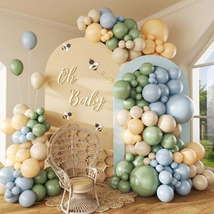 146 Stücke Staubblau und Grün Ballon Bogen Girlande Set, pastellblaue, salbeigrüne, nude, sandweiße Latex Ballons für Bär thematisierte Geburtstags-, Hochzeits- und Babyparty