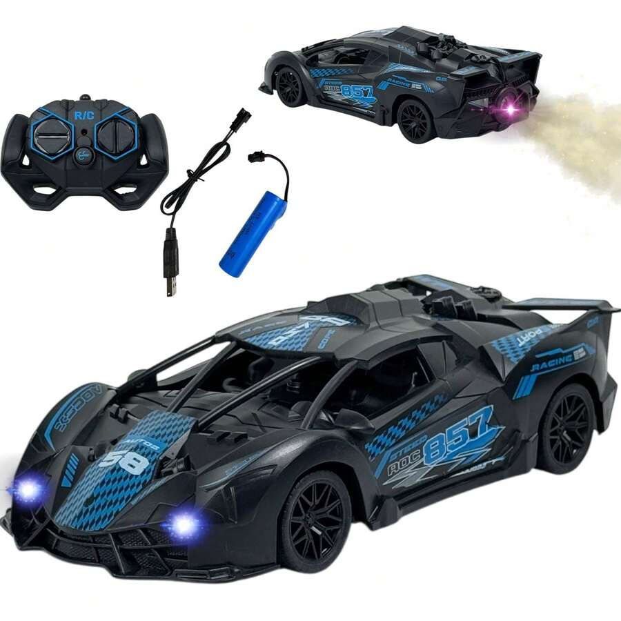Carrinho De Controle Remoto Recarregável Que Solta Fumaça - PRETO E AZUL - Visão 1