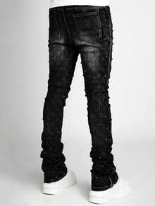 Rhinestone Skinny Stacked Jeans Mens Straight Leg Jeans Casual Pants Slim Fit Jeans Vintage Grunge Hip Hop Pants - 黑色 - 查看 2