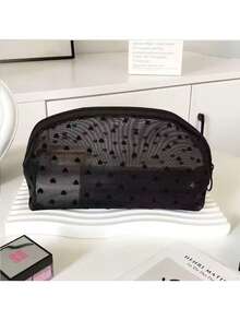 黑色植绒心形图案网眼化妆包，透明学生/旅行/洗漱用品收纳袋，多功能化妆包 - 黑色 - 查看 6