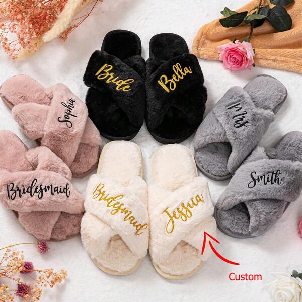 Custom Bride Slippers, Fluffy Bridesmaid Slippers, Bride Slipper Personalized, Christmas Party Gift, Fluffy Slippers, Birthday Gift, Mother's Day Gift