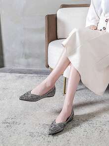 Women Diamond Shiny Gray Flat Slip-On Shoes, Fashion Versatile For Party & Spring/Fall, Comfortable Soft Sole Casual Pointed Toe Loafers, Suitable For Big Sizes 4.5-9 - Grey - View 6