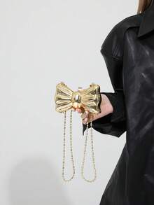 Mini Bow Decor Metallic Lipstick Holder Bag, Versatile Handbag Shoulder Crossbody Chain Bag - Gold - View 7