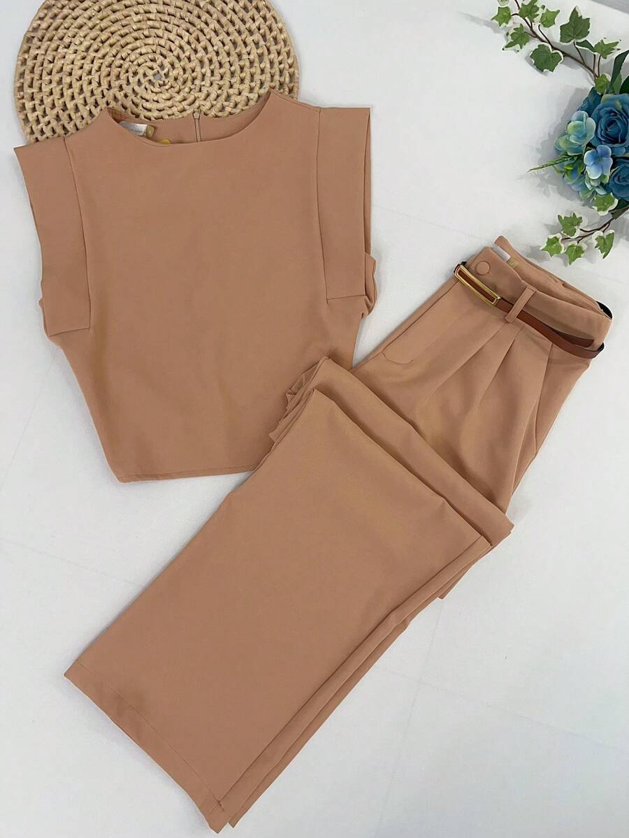 Women's Set: Summer Sleeveless Solid Color Round Neck Top And Wide Leg Pants With Belt And Bag - Khaki Muda - View 1
