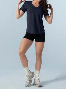 Women V-Neck Yoga Activewear Top, Loose & Stretchy Short Sleeve Tee For Fitness Running, Summer New
