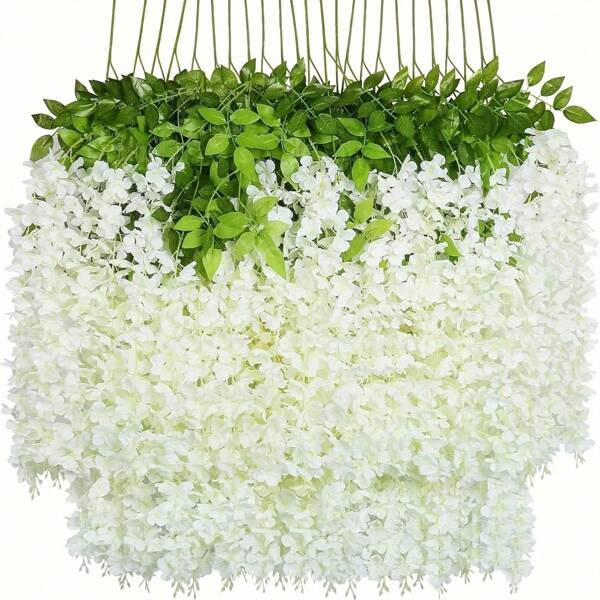 24pcs Artificial Wisteria Hanging Flowers, Wisteria Artificial Flower Fake Wisteria Vine Ratta Long Hanging Bush Garland Silk Flowers String Decorate Home Party Wedding Decor