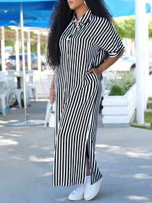 Plus Size Women Striped & Floral Print Shirt Dress Black Summer Elegant - Black - View 5