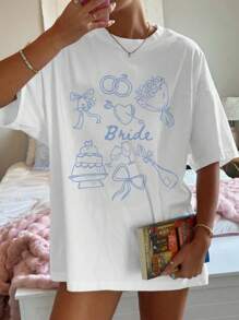 Camiseta de manga corta de ajuste holgado y cuello redondo con diseño de texto "Bride", regalo para el grupo nupcial, moda para fiesta de bodas, camiseta informal de manga corta para el verano