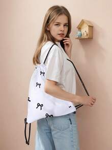 1 件带粉色蝴蝶结、心形、黑色蝴蝶结图案的抽绳背包，轻便健身包，适合运动、健身、旅行、游泳、海滩，适合男孩、女孩、女孩、男孩 - 彩色 - 查看 9