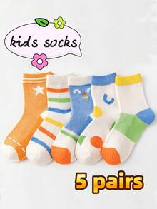 5 Pairs Kids/Children Thin Mesh Candycolor Letter & Striped Pattern Breathable Crew Socks, Suitable For Home & Outdoor, Spring/Summer (Ages 1-12) - Multicolor - View 9
